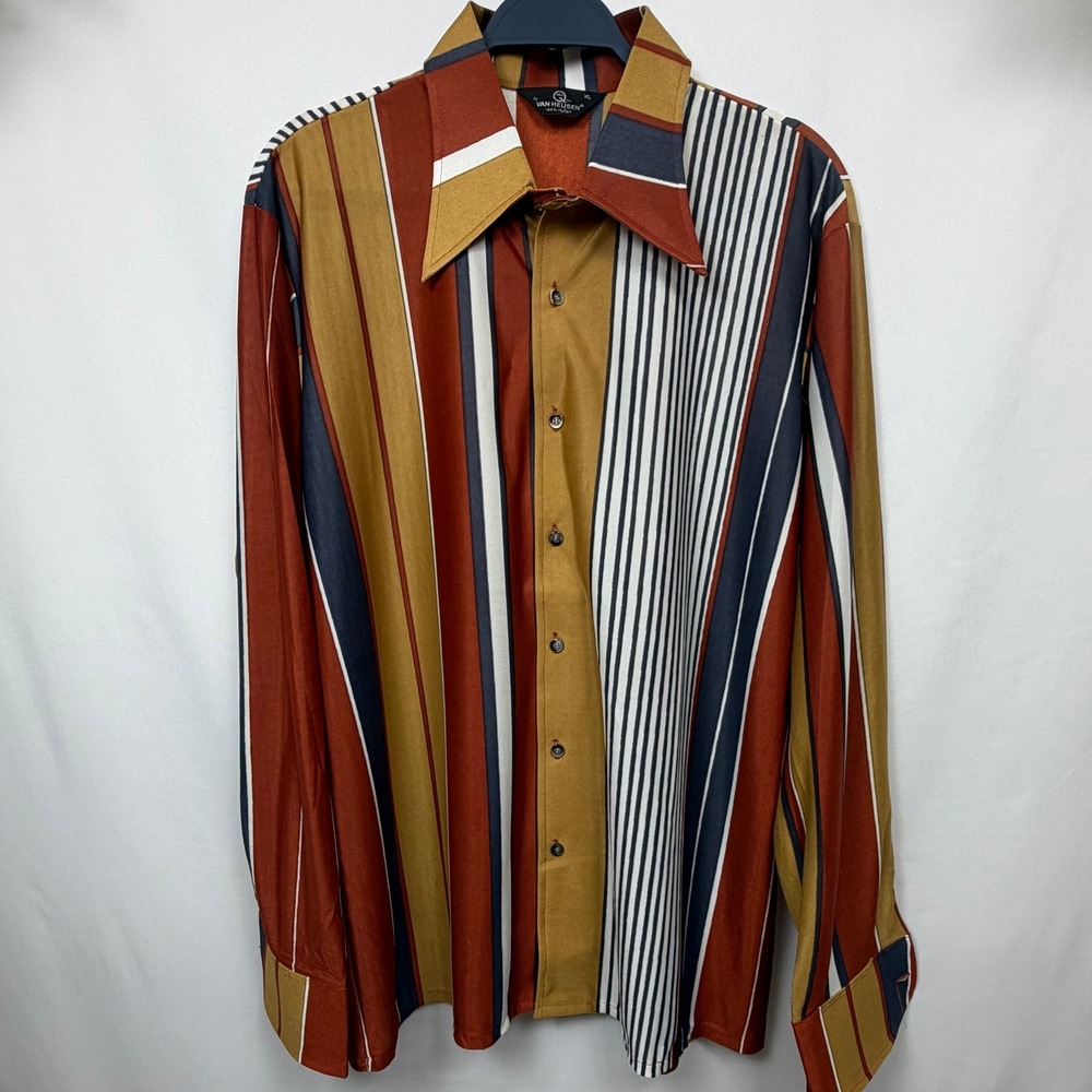 Vintage Van Heusen Van Q Mens XL Disco Shirt Rust Mustard Striped Nylon 70s